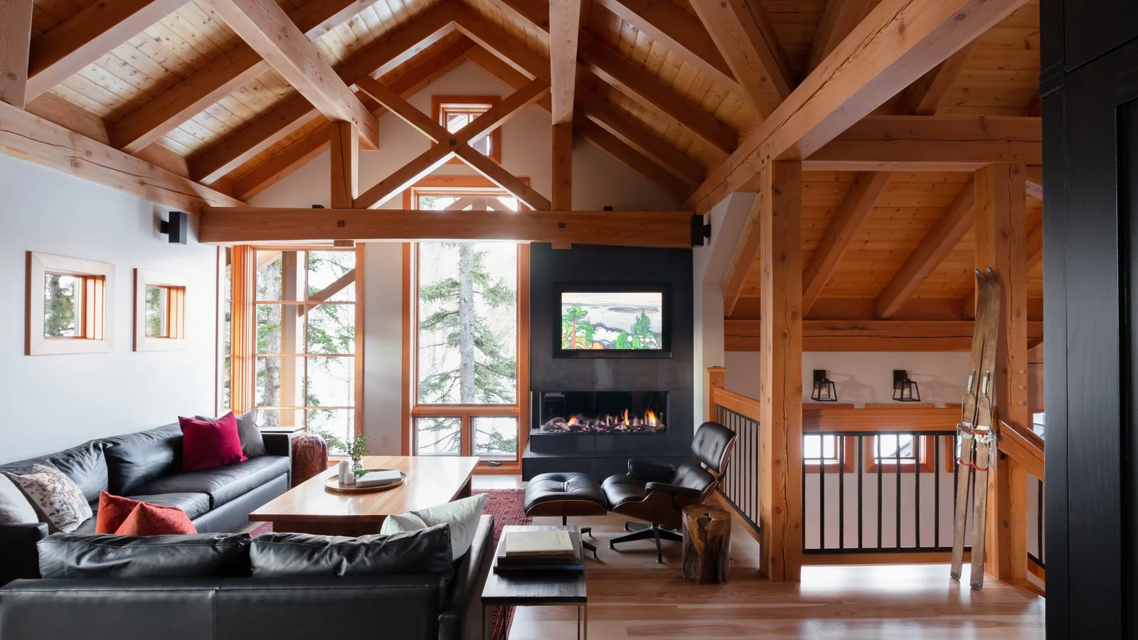 Fernie timberframe great room by Knight Custom Homes